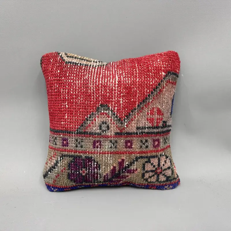 Cushion, Interior Designer Pillow, Vintage Kilim Throw Pillow, 12x12 Red Pillow Cover, Kilim Cushion Sham, Car Cushion Cover, Handwoven Pillow Case - 4