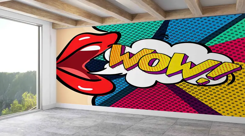 Woman And Colorful WOW Digital Paper, Modern Wall Mural, Red Lip Wall Decor, 3D Wall Art, Woman Paper Craft, Modern Wallpaper, - 3