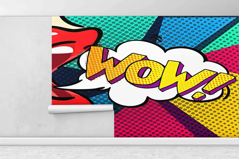 Woman And Colorful WOW Digital Paper, Modern Wall Mural, Red Lip Wall Decor, 3D Wall Art, Woman Paper Craft, Modern Wallpaper, - 1