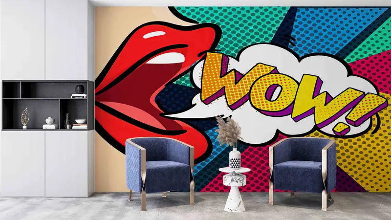 Woman And Colorful WOW Digital Paper, Modern Wall Mural, Red Lip Wall Decor, 3D Wall Art, Woman Paper Craft, Modern Wallpaper, - 9