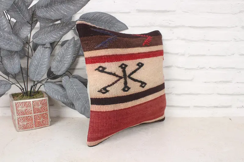 Cushion Case, Vintage Kilim Pillow, 14x14 Red Pillow Sham, Handwoven Pillow Cover Pillow Case, Handmade Kilim Cushion, Antique Pillows - 3
