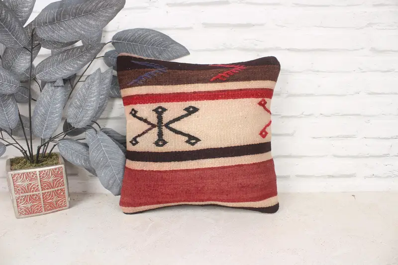 Cushion Case, Vintage Kilim Pillow, 14x14 Red Pillow Sham, Handwoven Pillow Cover Pillow Case, Handmade Kilim Cushion, Antique Pillows - 1