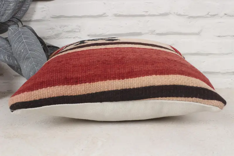 Cushion Case, Vintage Kilim Pillow, 14x14 Red Pillow Sham, Handwoven Pillow Cover Pillow Case, Handmade Kilim Cushion, Antique Pillows - 5