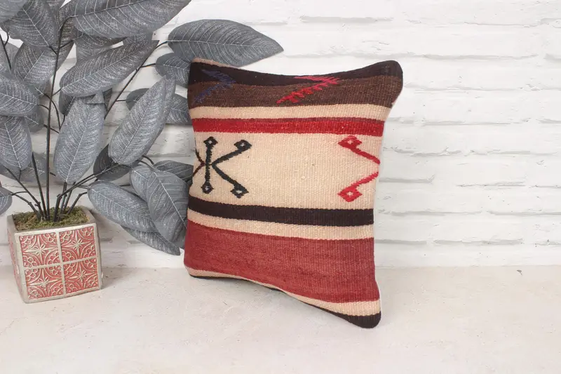 Cushion Case, Vintage Kilim Pillow, 14x14 Red Pillow Sham, Handwoven Pillow Cover Pillow Case, Handmade Kilim Cushion, Antique Pillows - 4