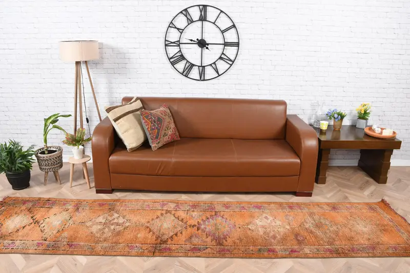Vintage Turkish Runner Rug 2.5x11.2 ft, Herki Orange Wool Rug - 1