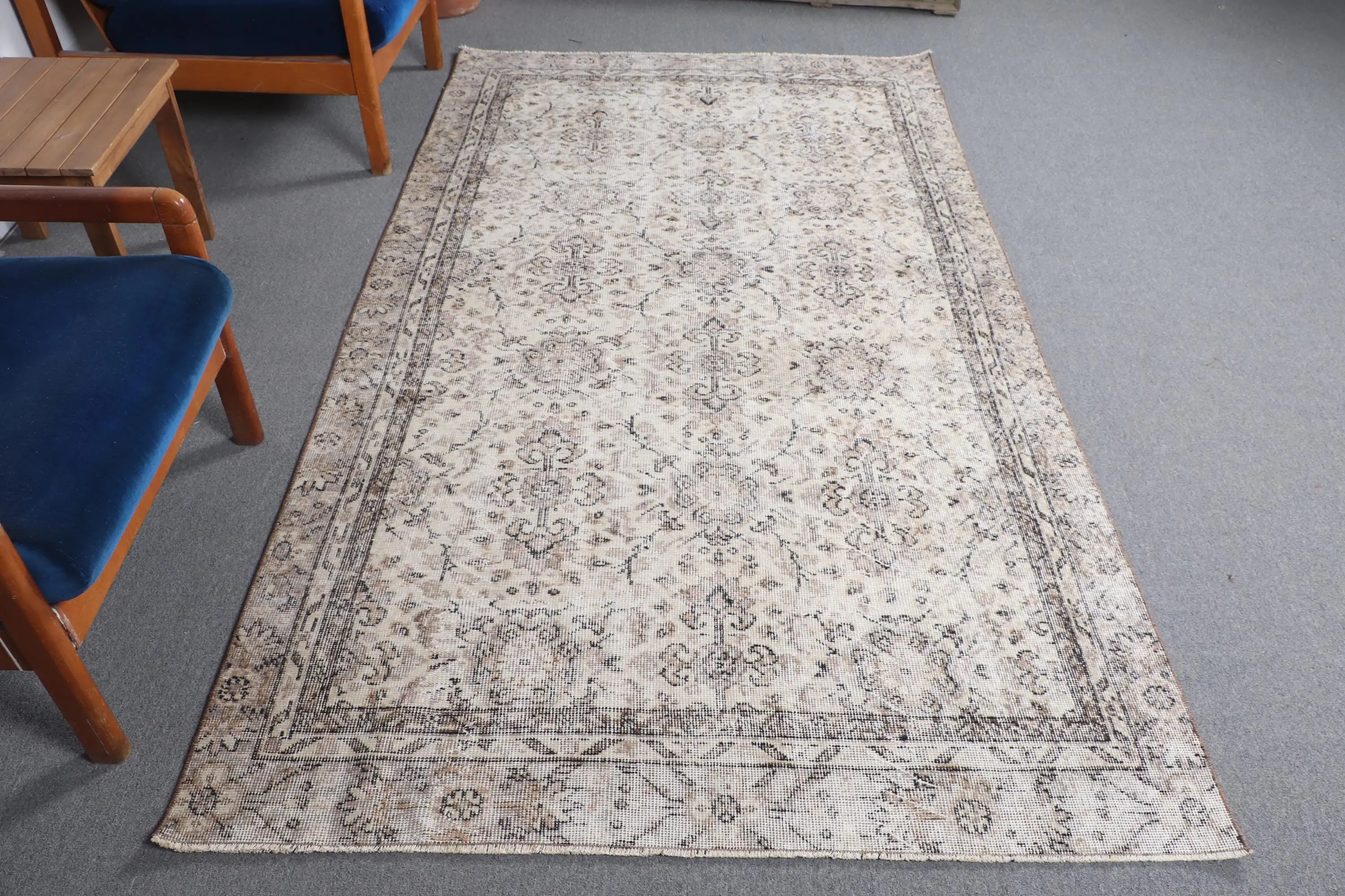 4.6x8.3 ft Vintage Area Rug, Gray Brown Turkish Striped Wool Rug - 1