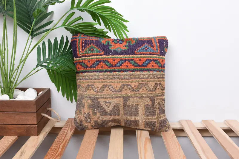 Vintage Kilim Pillow, Lounge Throw Cushion Cover, Patio Pillow, 14x14 Beige Pillow Sham, Ethnical Kilim Rug Pillow, Kilim Pillow Cover, Pillow Sham - 1