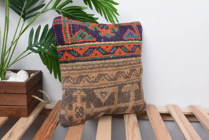 Vintage Kilim Pillow, Lounge Throw Cushion Cover, Patio Pillow, 14x14 Beige Pillow Sham, Ethnical Kilim Rug Pillow, Kilim Pillow Cover, Pillow Sham - 4