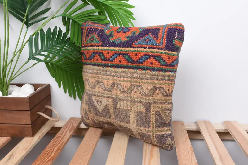 Vintage Kilim Pillow, Lounge Throw Cushion Cover, Patio Pillow, 14x14 Beige Pillow Sham, Ethnical Kilim Rug Pillow, Kilim Pillow Cover, Pillow Sham - 5