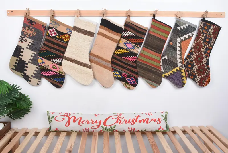 Festive 8-Inch Christmas Ornaments Stocking, Unique Kilim Design Stocking