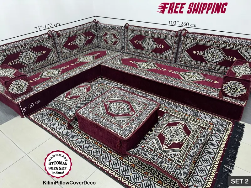 Dikdörtgen Kilim Puf, Kırmızı & Siyah Yün Osmanlı Puf
