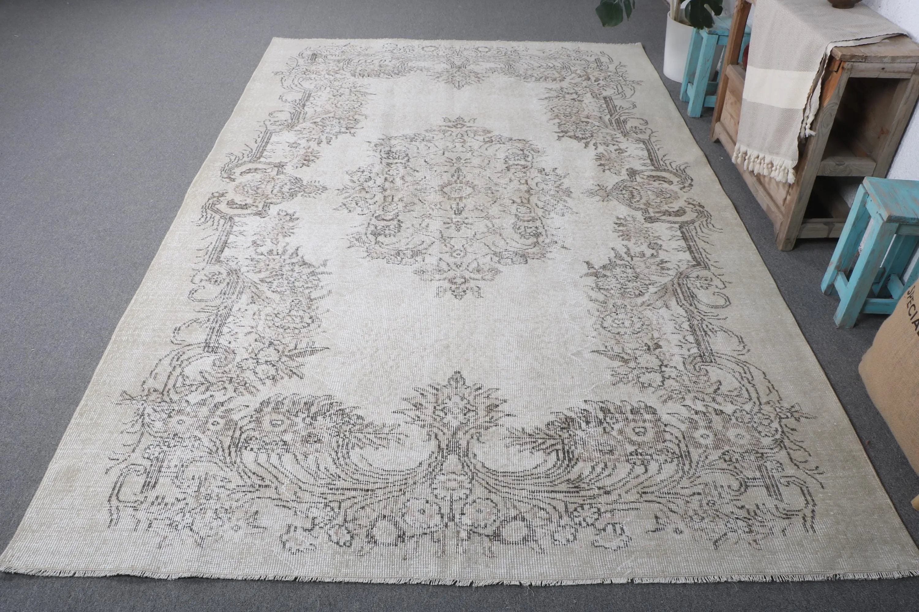 6x9.4 ft Türk Halısı, Gri Kareli Vintage Halı Yün - 1