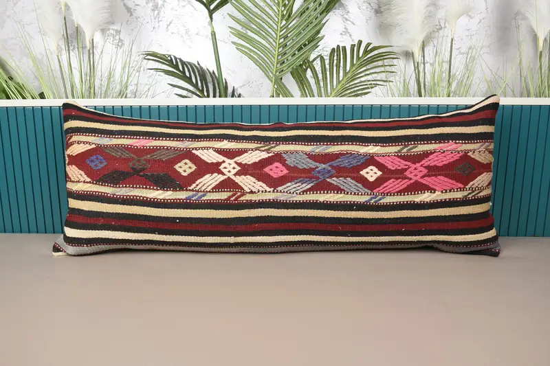 Rot & Beige gestreiftes Kissen, handgefertigtes besticktes Kissen