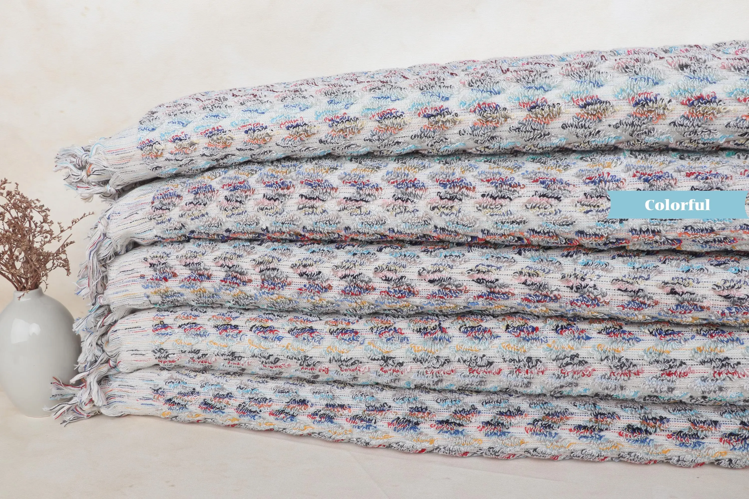 Pom Pom Zigzag Design Towel, 36x67 Inches Rainbow Organic Cotton Bath Towel - 1