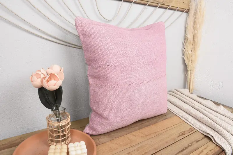 Ethnical Kilim Rug Pillow, Gift Pillow, Aesthetic Cushion Cover, Kilim Cushion Sham, Cozy Throw Pillow Cover, 24x24 Pink Pillow, Cushion Case - 1