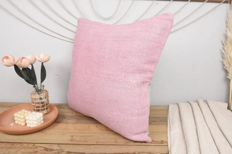 Ethnical Kilim Rug Pillow, Gift Pillow, Aesthetic Cushion Cover, Kilim Cushion Sham, Cozy Throw Pillow Cover, 24x24 Pink Pillow, Cushion Case - 4
