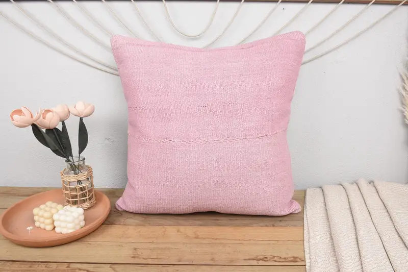 Ethnical Kilim Rug Pillow, Gift Pillow, Aesthetic Cushion Cover, Kilim Cushion Sham, Cozy Throw Pillow Cover, 24x24 Pink Pillow, Cushion Case - 2