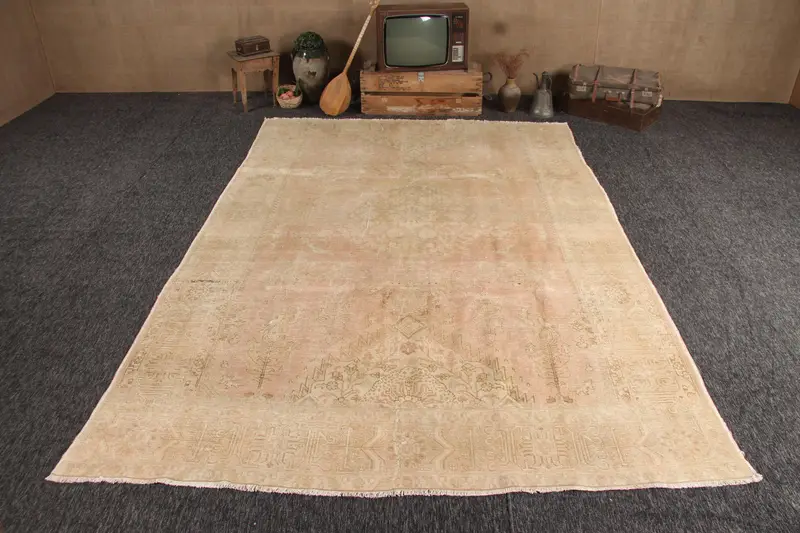 8,3x11,8 ft Oushak Teppich, türkischer Vintage Teppich, beige rosa Blumenteppich - 1