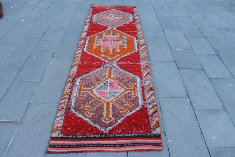 Turkish 2.9x10.4 ft Runner Rug, Vintage Rug, Herki Red Striped Rug - 1