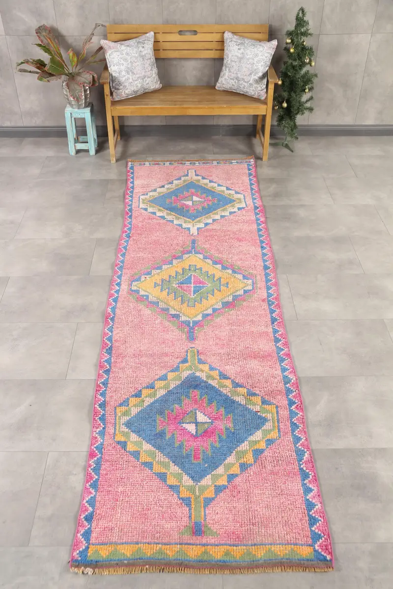Türk Yolluk Halısı 3.1x10.6 ft, Pembe Mavi Bordürlü Yün Halı - 1