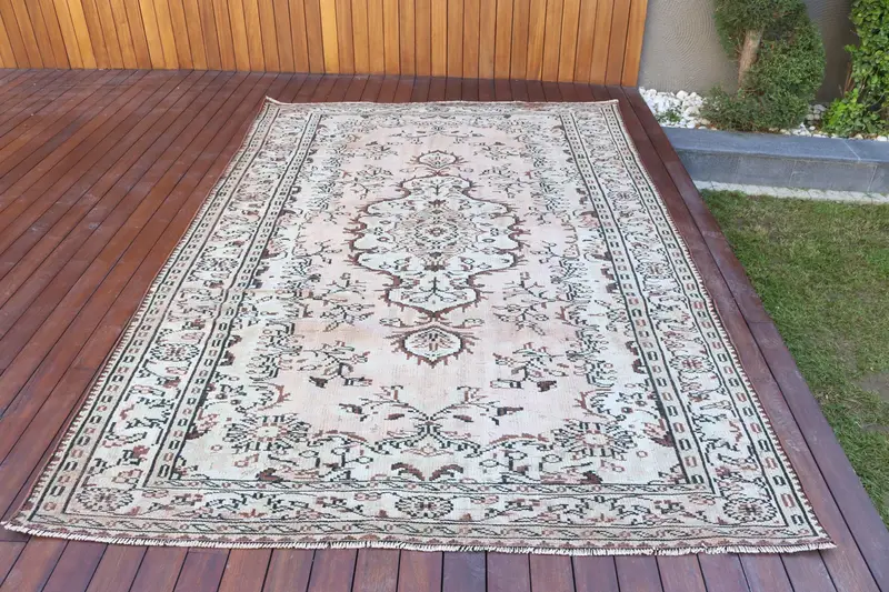 Vintage Turkish Oushak Rug 6.1x9.4 ft (187x288 cm), Brown Southwestern Wool Rug - 1