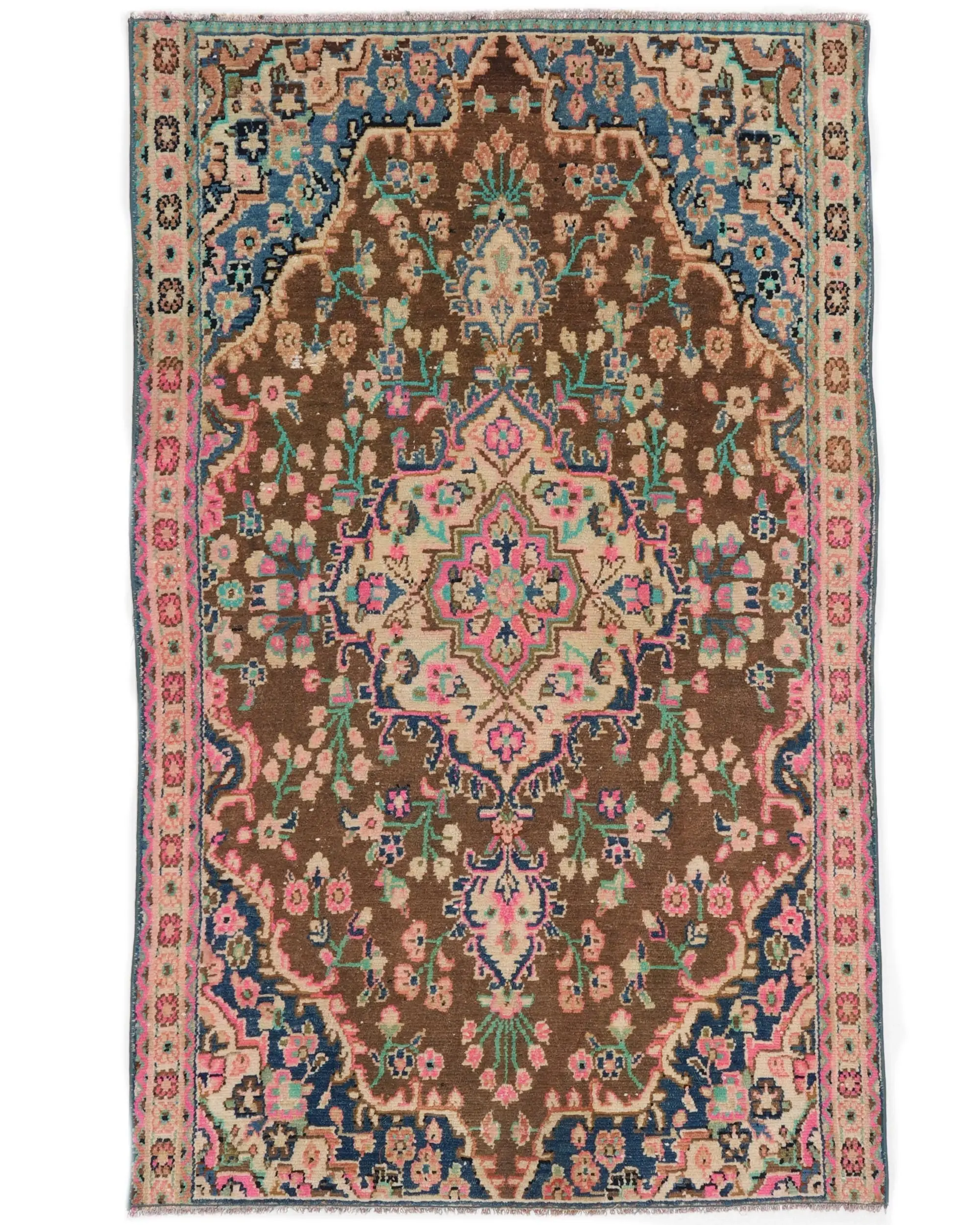 Türk Halısı, Accent 3.2x5.1 ft Vintage Halı, Kahverengi Mavi Çiçekli Yün Halı - 1