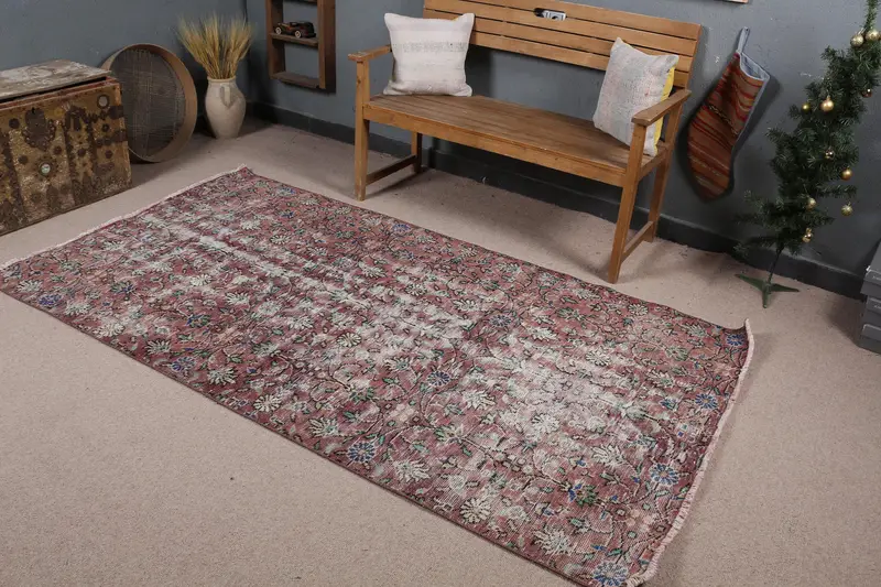 4.3x7.9 ft Halı, Türk Vintage Halısı, Oushak Kırmızı Çiçekli Halı - 1