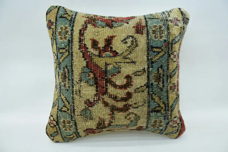 Handmade Pillow Sham, Pillow, Accent Cushion Case, Kilim Pillow Cover, Ethnical Kilim Rug Pillow, 14x14 Beige Pillow Cover, Vintage Pillow - 1