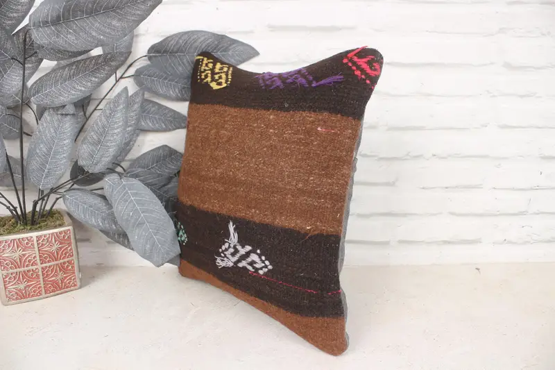 Almohada de kilim turco, simulacro de almohada tribal, funda de almohada, almohada turca, cubierta de almohada marrón 14x14, almohada kilim - 4