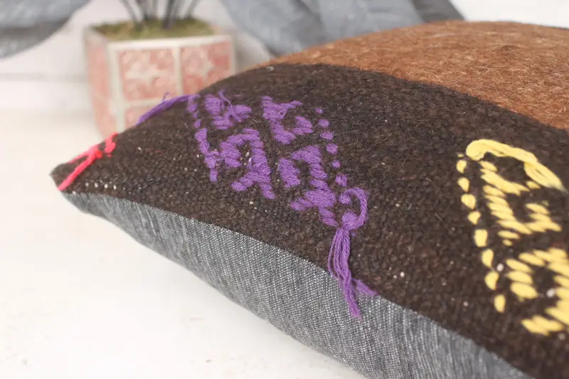 Almohada de kilim turco, simulacro de almohada tribal, funda de almohada, almohada turca, cubierta de almohada marrón 14x14, almohada kilim - 7
