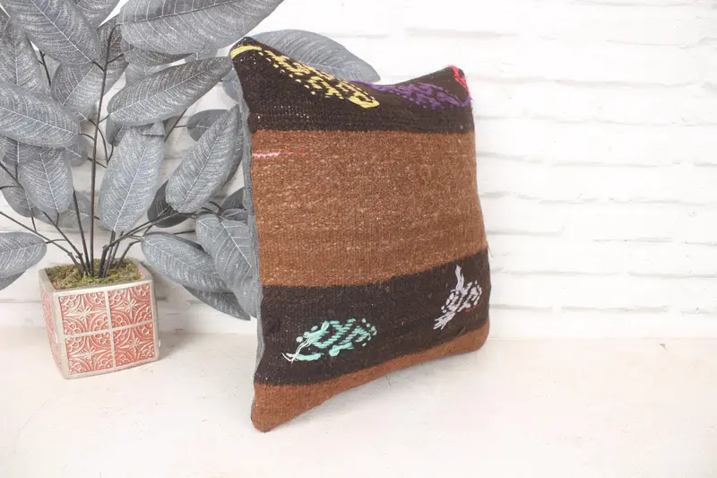 Almohada de kilim turco, simulacro de almohada tribal, funda de almohada, almohada turca, cubierta de almohada marrón 14x14, almohada kilim - 3