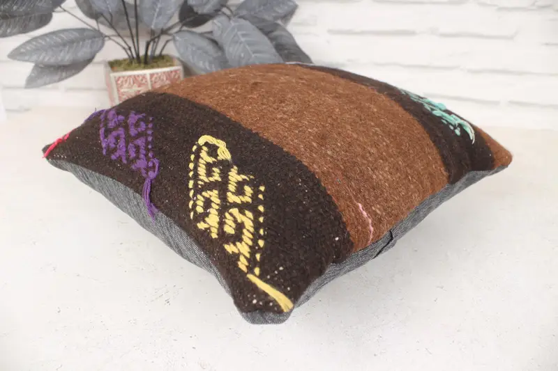 Almohada de kilim turco, simulacro de almohada tribal, funda de almohada, almohada turca, cubierta de almohada marrón 14x14, almohada kilim - 6
