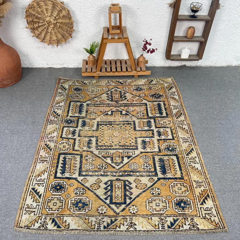 Yellow & Blue Rug, 4.4x5.5 ft Floral & Geometric