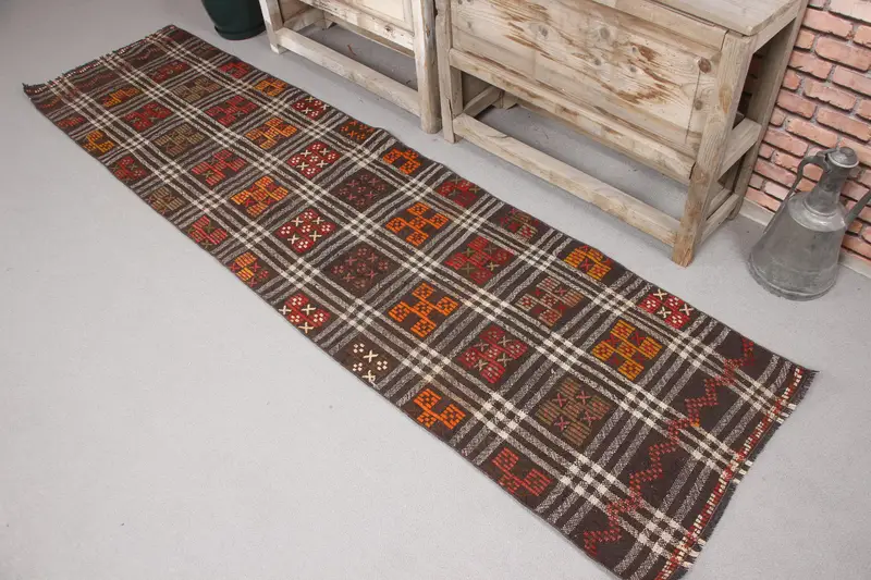 2x8.1 ft Runner Türk Vintage Halısı, Kahverengi Çiçekli Yün Halı - 1