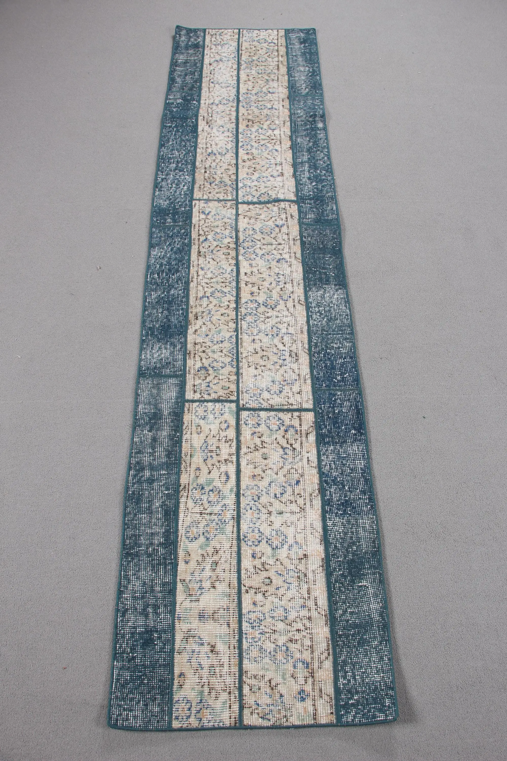 Vintage Rug, Runner 1.8x7.9 ft Turkish Rug, Blue Ikat Wool Rug - 1