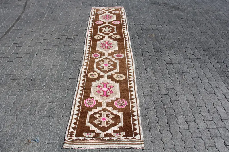 2.7x11.5 ft Turkish Runner Rug, Brown White Vintage Plants & trees Wool Rug - 1