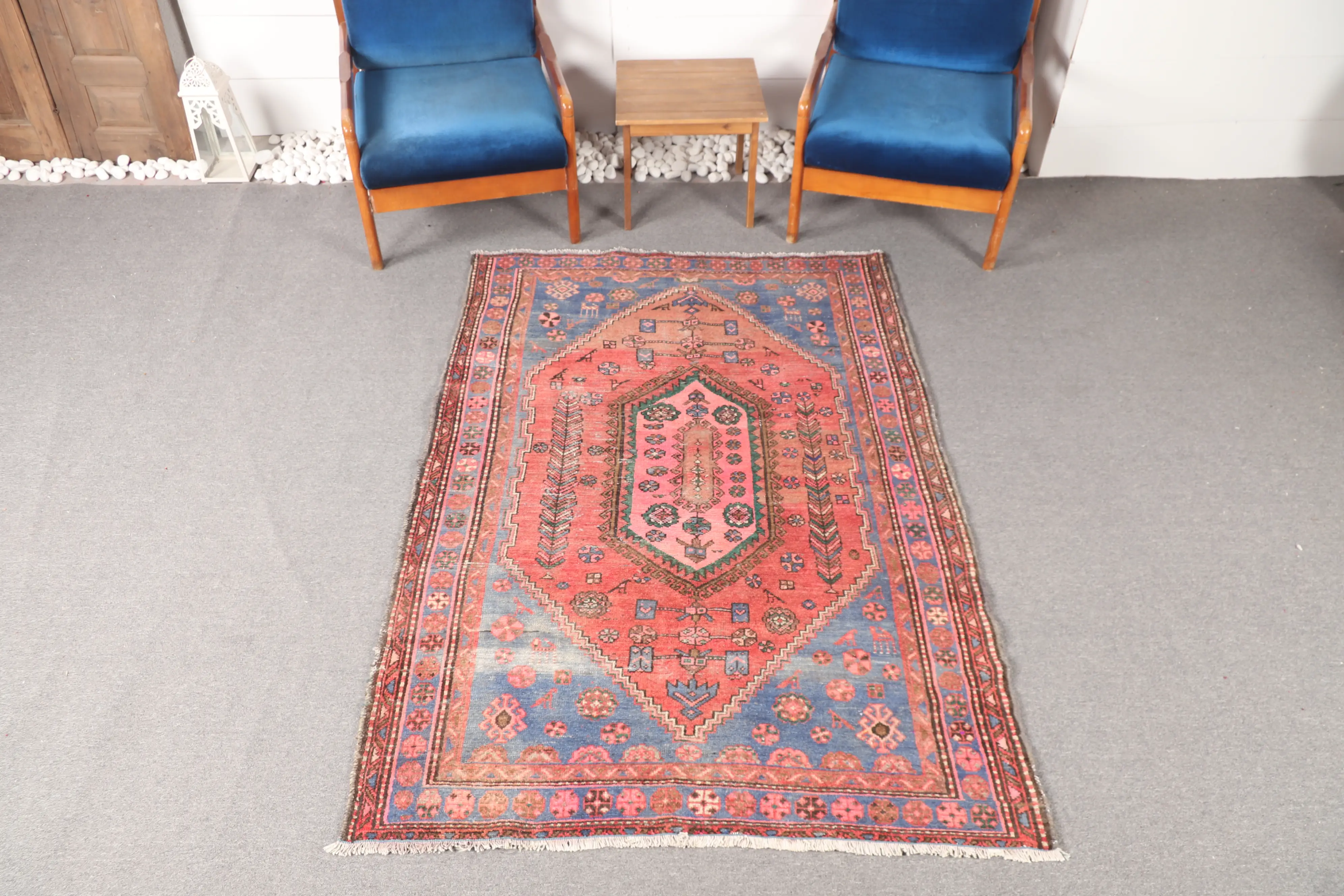 Türk Vintage Halı, 4.4x6.4 ft Accent Halı, Pembe Oushak Geometrik Halı - 1