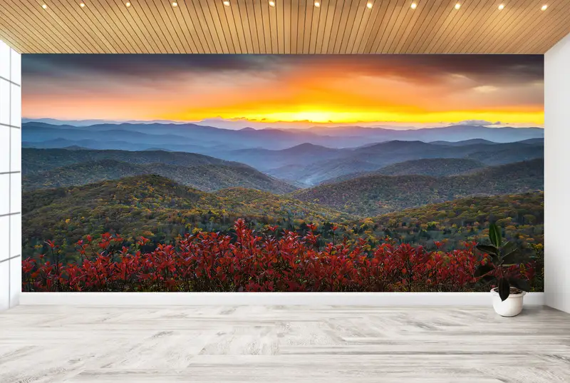 山の夕日のプリント壁紙: 自然の優雅さをご自宅に