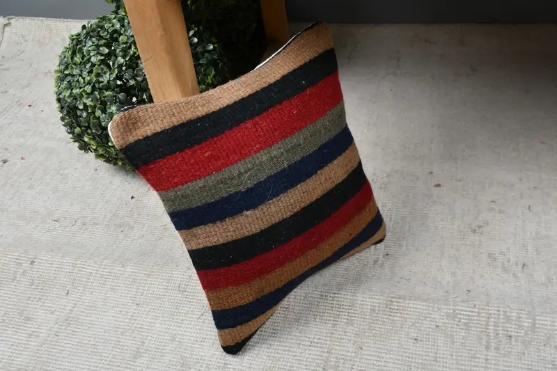 Ethnical Kilim Rug Pillow, Pillow Cover, Natural Pillow Cover, 12x12 Red Pillow Cover, Antique Pillows, Wool Kilim Pillow Pillow, Home Decor Pillow - 7