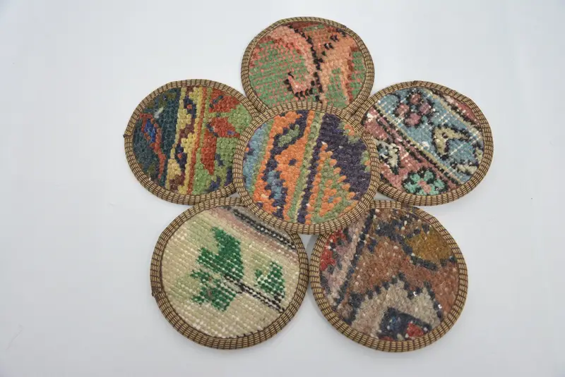 Beige and Orange Kilim Coasters, Unique Boho Drink Coasters