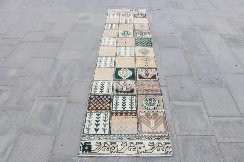 Turkish Runner Rug, 2.2x8.7 ft Vintage Rug, Brown Patchwork Wool Rug - 1