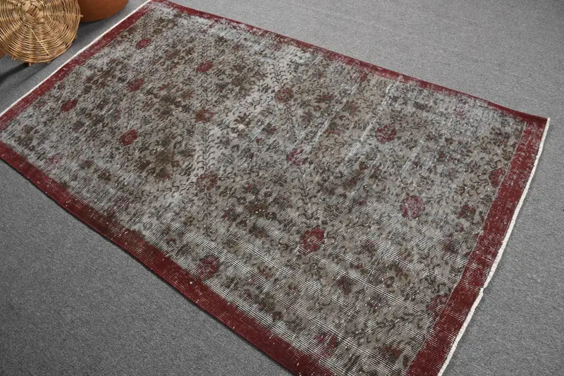 Vintage 3.9x6.8 ft Halı, Alan Türk Halısı, Kırmızı Çizgili Yün Halı - 1