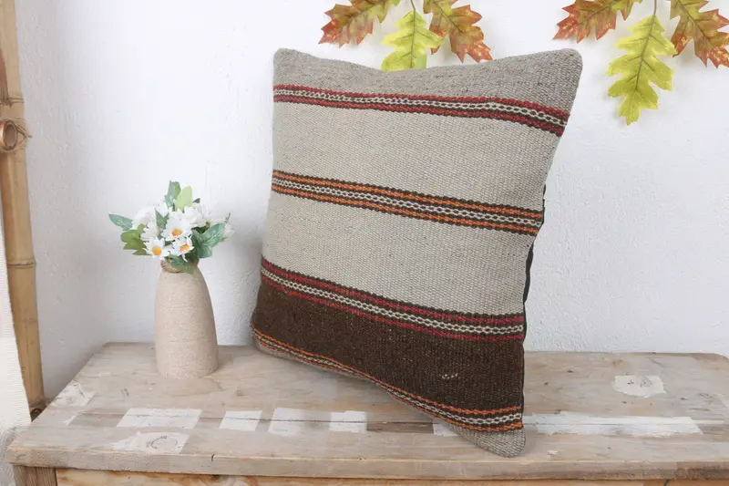 Cushion, Kilim Cushion Sham, Hippie Throw Pillow Cover, Retro Throw Pillow Cover, Boho Pillow, Gift Pillow, 16x16 Beige Pillow Cover - 4