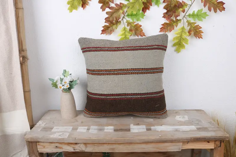 Cushion, Kilim Cushion Sham, Hippie Throw Pillow Cover, Retro Throw Pillow Cover, Boho Pillow, Gift Pillow, 16x16 Beige Pillow Cover - 1