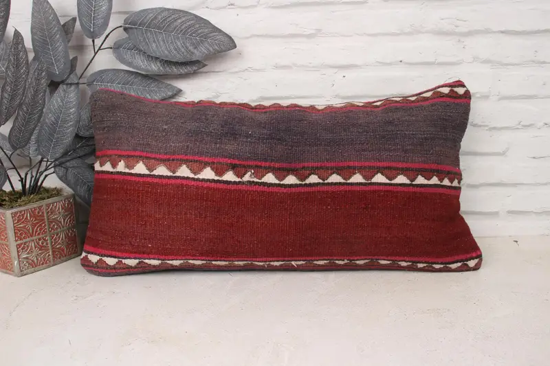 Kilim Pillow Cover, Cushion, Ethnical Kilim Rug Pillow, Pillow for Couch, Nautical Throw Pillow Case, 12x24 Red Cushion Case, Ottoman Pillow Case - 1