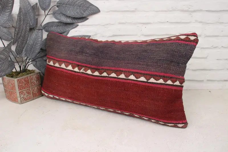 Kilim Pillow Cover, Cushion, Ethnical Kilim Rug Pillow, Pillow for Couch, Nautical Throw Pillow Case, 12x24 Red Cushion Case, Ottoman Pillow Case - 4