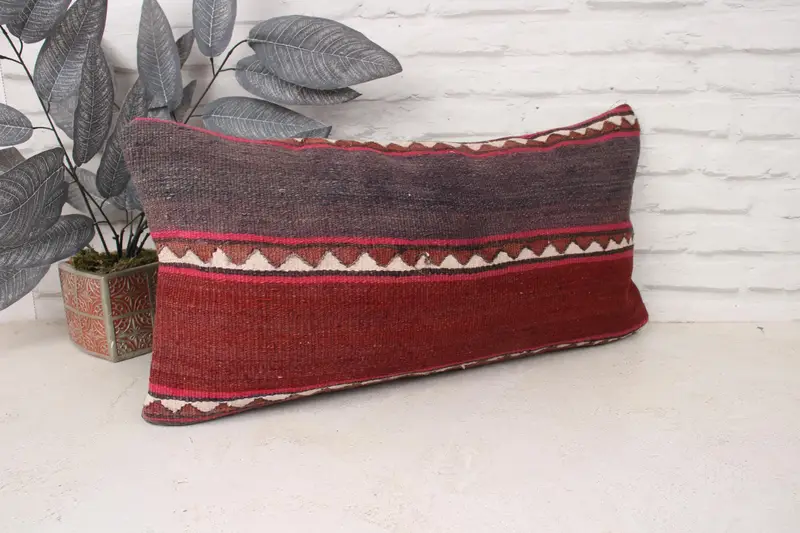 Kilim Pillow Cover, Cushion, Ethnical Kilim Rug Pillow, Pillow for Couch, Nautical Throw Pillow Case, 12x24 Red Cushion Case, Ottoman Pillow Case - 3