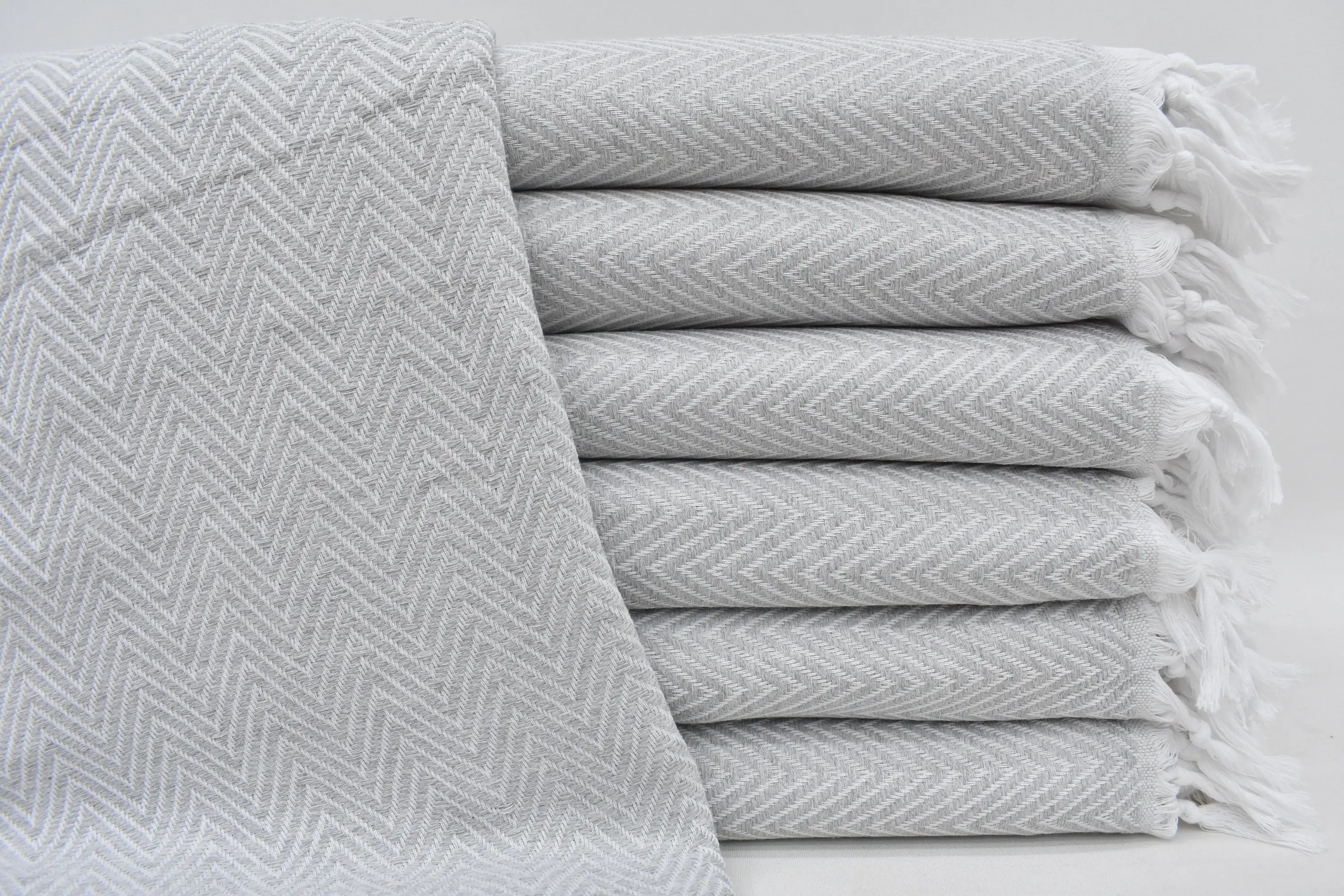 Light Gray Chevron Blanket Handmade Turkish Organic Cotton, 95x79 Inches - 1