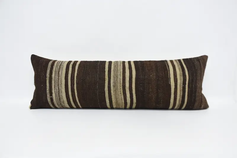 Vintage Brown Cushion, Woven Antique Striped Rectangle Baby Shower Gift Pillow - 1
