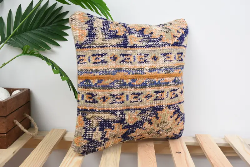 Art Deco Pillow Sham, Home Decor Pillow, Turkish Kilim Pillow, 14x14 Blue Pillow Sham, Pillow Sham, Handmade Kilim Cushion, Garden Pillow Sham - 4